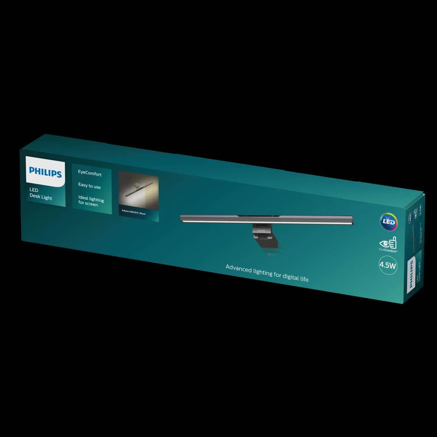 Verpackung der Philips Bildschirmleuchte Edison, 4,5W, schwarz, mit USB-Kabel.