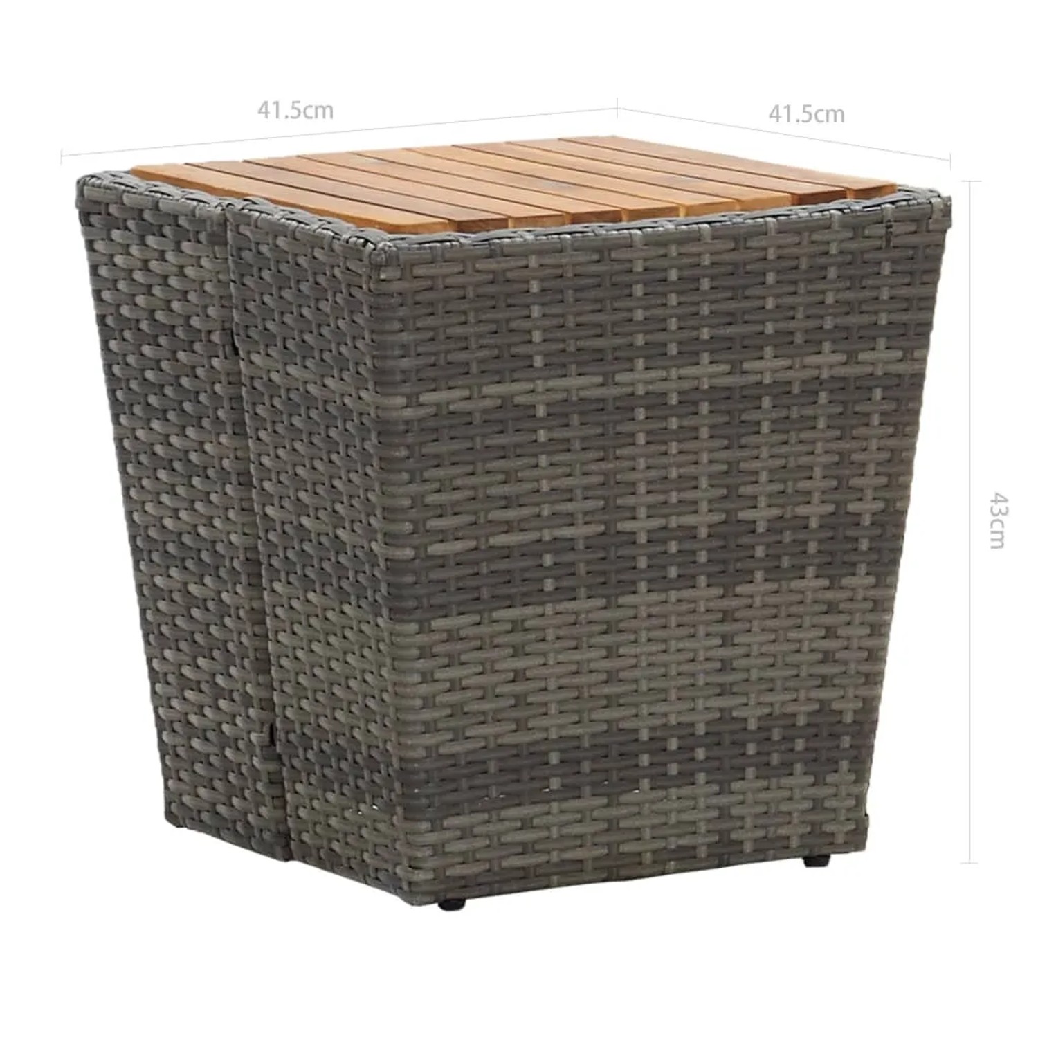 Detailansicht: Grauer Bistro-Tisch aus Rattan und Akazienholz, Teil des 3-tlg. Gartenmöbel-Sets.