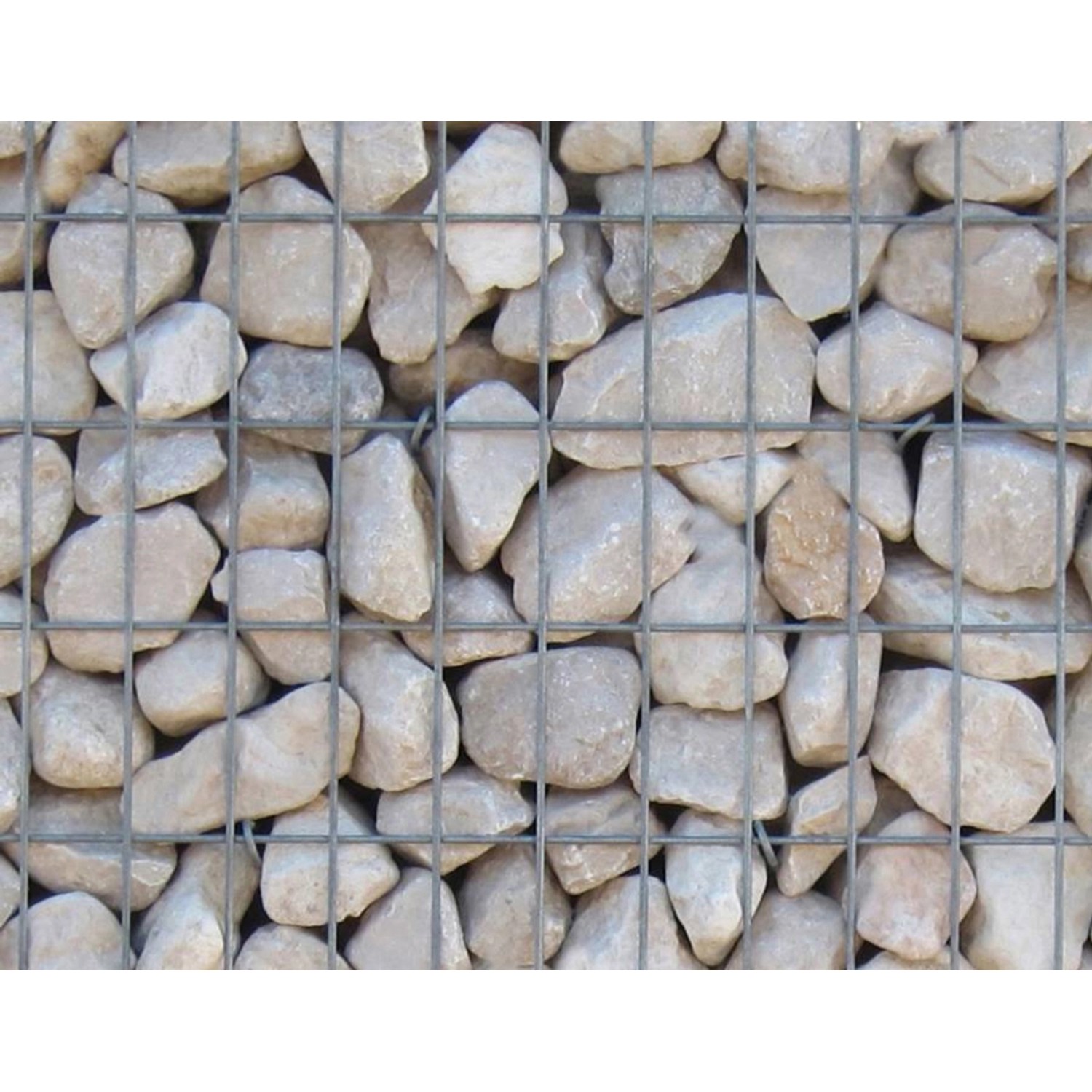 Gabiona Zierkies, weiß-beige, 60-90 mm, in Gabione. Naturstein für Garten- und Landschaftsbau.