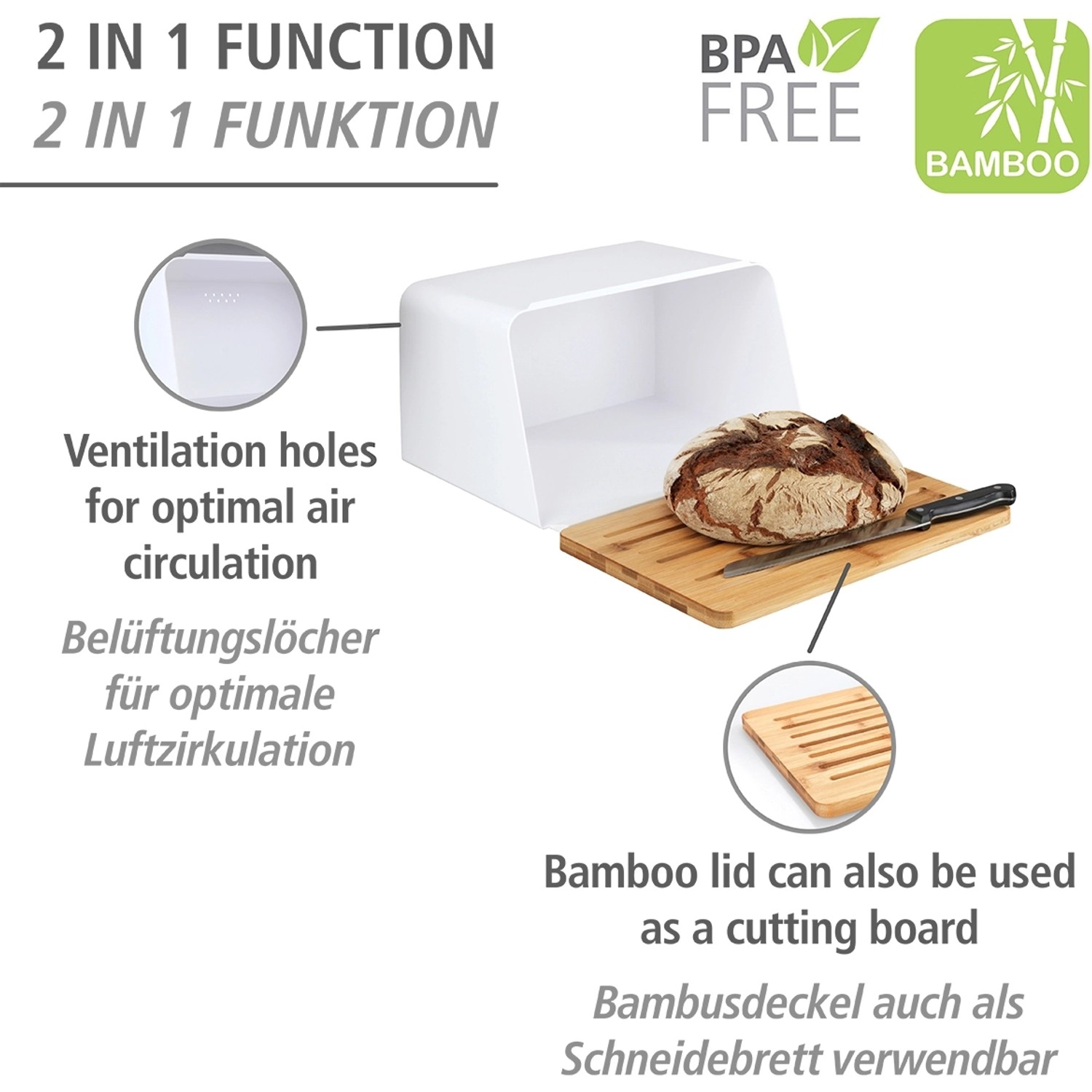 Wenko Brotkasten Weiß mit Bambusbrett, mit Brot und Messer. Vorratsdose mit Schneidebrett.