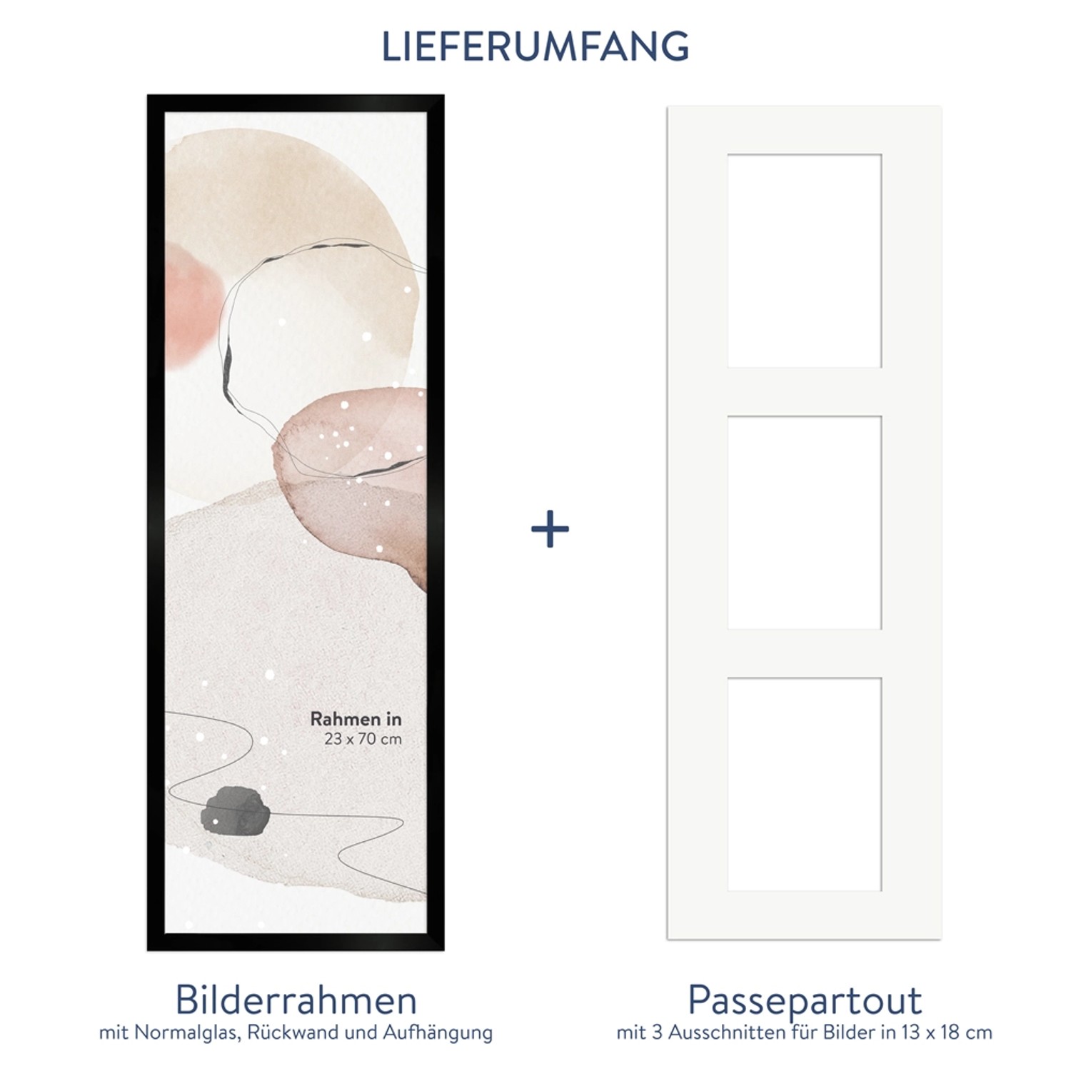 Schwarzer WANDStyle Galerierahmen für 3 Fotos (13x18 cm) mit Passepartout, 23x70 cm.