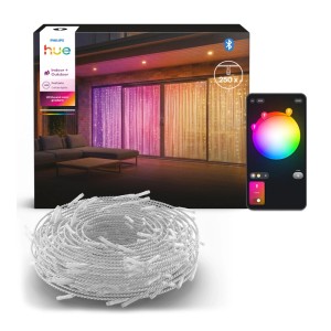 Philips Hue Festavia Lichtervorhang, 250 LEDs, White & Color. Produktrolle und bunte Beleuchtung, steuerbar per App.