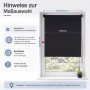 Schwarzes SALCAR Verdunkelungsrollo am Fenster, zeigt Messanleitung für Klemmfix Montage ohne Bohren. Sonnenschutz.