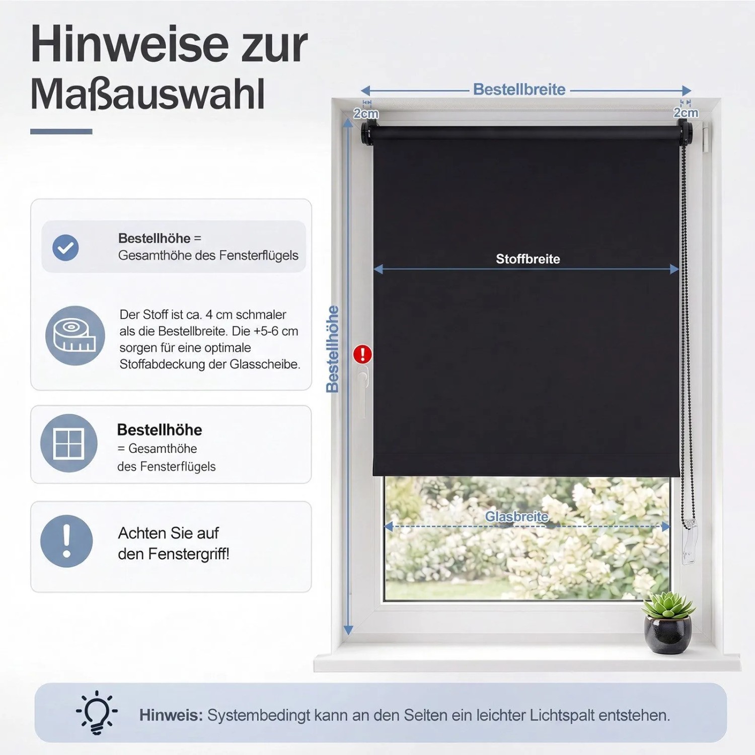 Schwarzes SALCAR Verdunkelungsrollo am Fenster, zeigt Messanleitung für Klemmfix Montage ohne Bohren. Sonnenschutz.