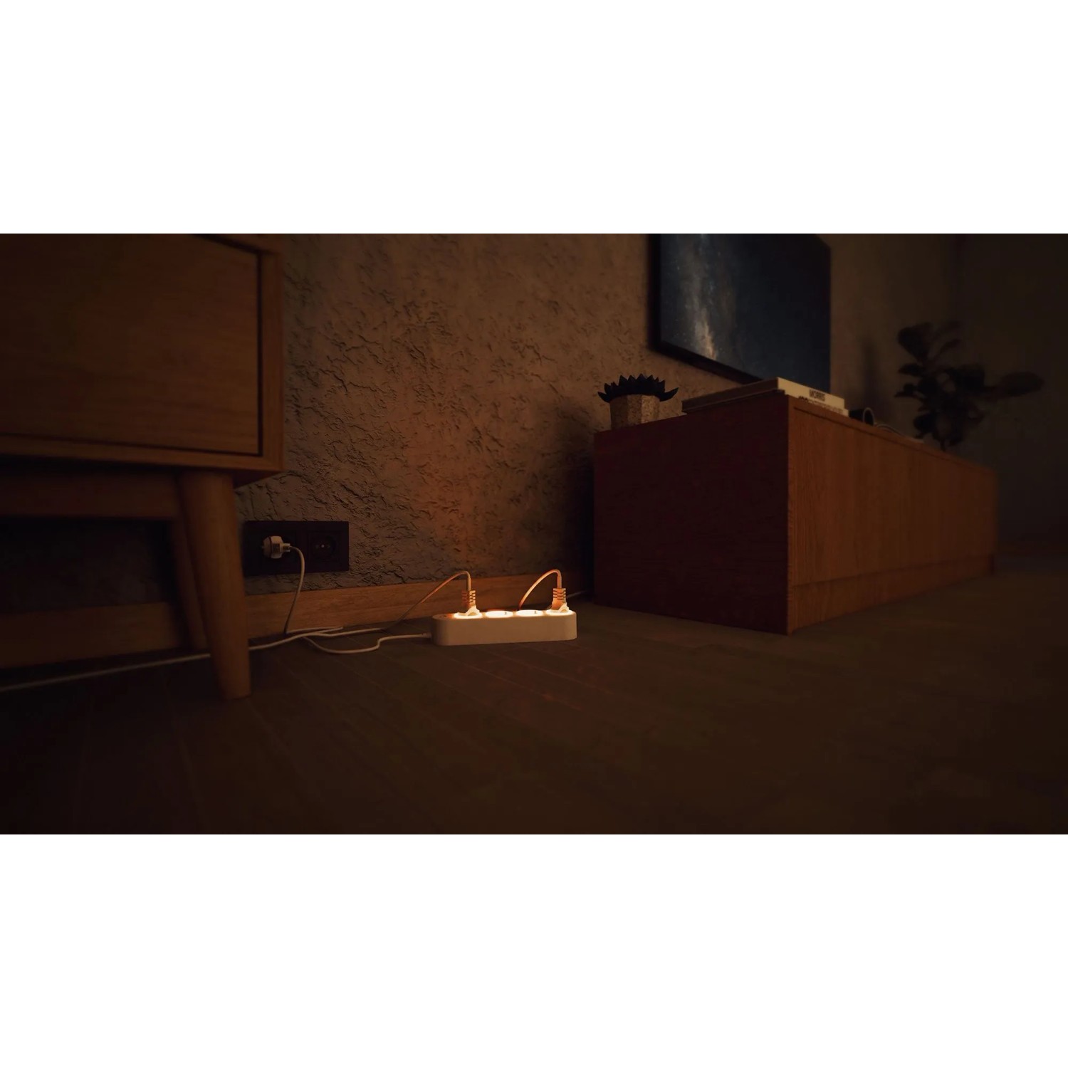 Weiße Shelly Power Strip 4 Gen4 smarte Steckdosenleiste mit 4 Steckdosen und Kabel auf dunklem Boden.