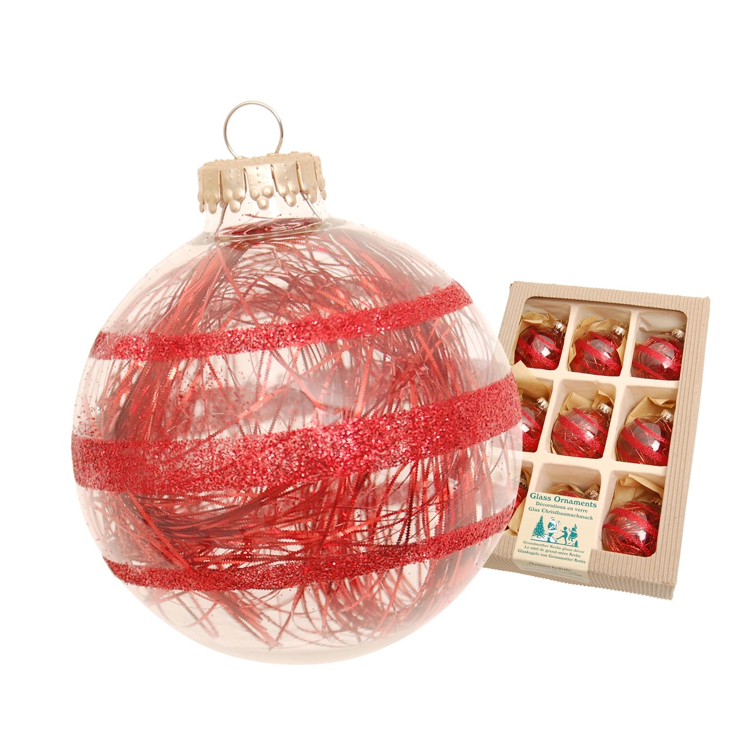 Krebs Glas Lauscha Weihnachtskugeln Glitterstreifen mit Tinsel Rot 7cm