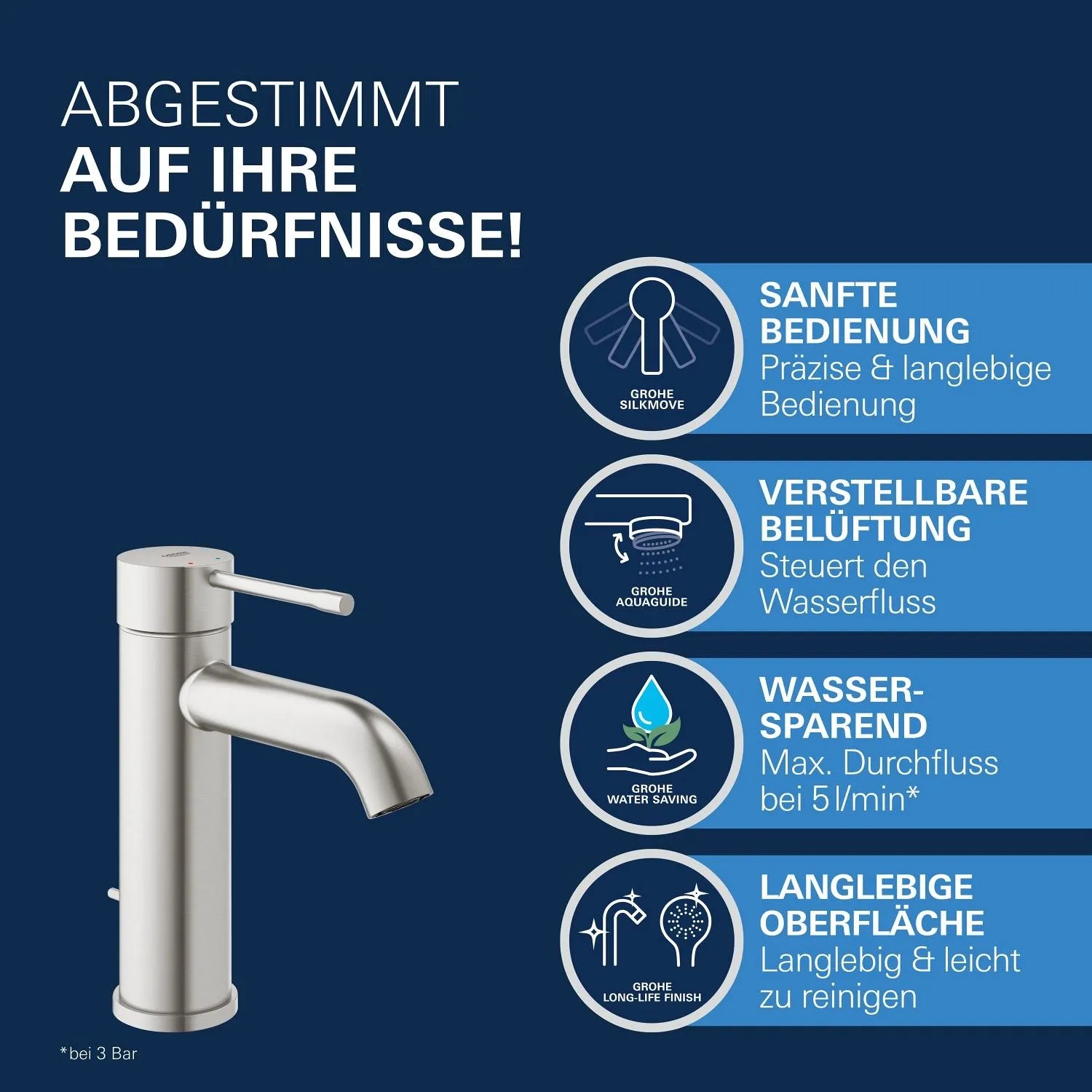Grohe Essence Waschtischarmatur in Supersteel: Einhebelmischer für Waschbecken mit modernem Design.
