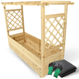 DELUKE Hochbeet mit Rankgitter THAO mit Vlies Handschuhe Pflanzkasten mit Rankhilfe Blumenkasten für Kletterpflanzen 128cm Breit