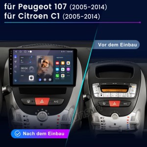 Junsun Autoradio für Peugeot 107/Citroen C1: Vorher-Nachher-Vergleich des 9-Zoll Touchscreen-Einbaus mit CarPlay/Android Auto.