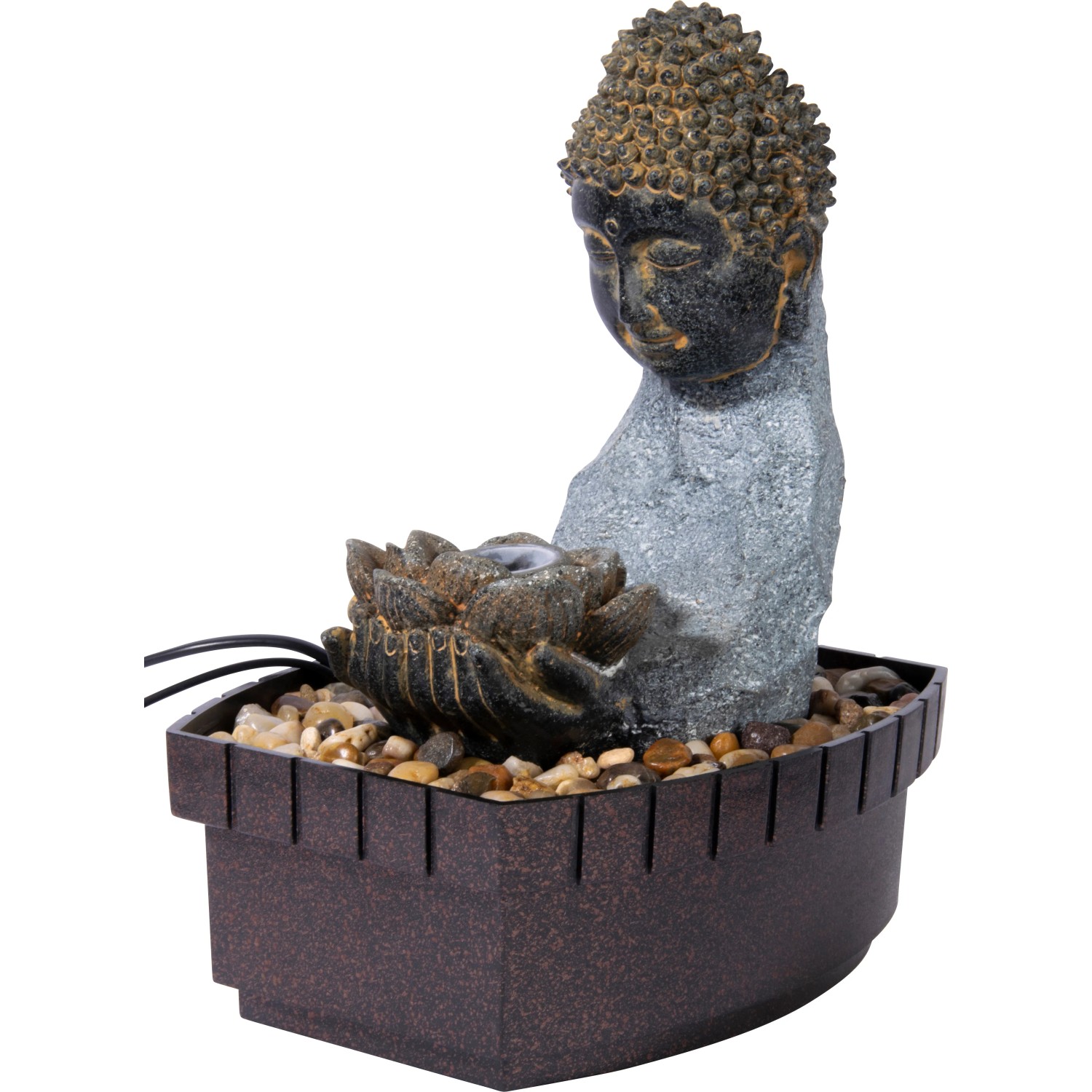 Zimmerbrunnen Buddha mit Lotusblüte in Steinoptik und Deko-Steinen.