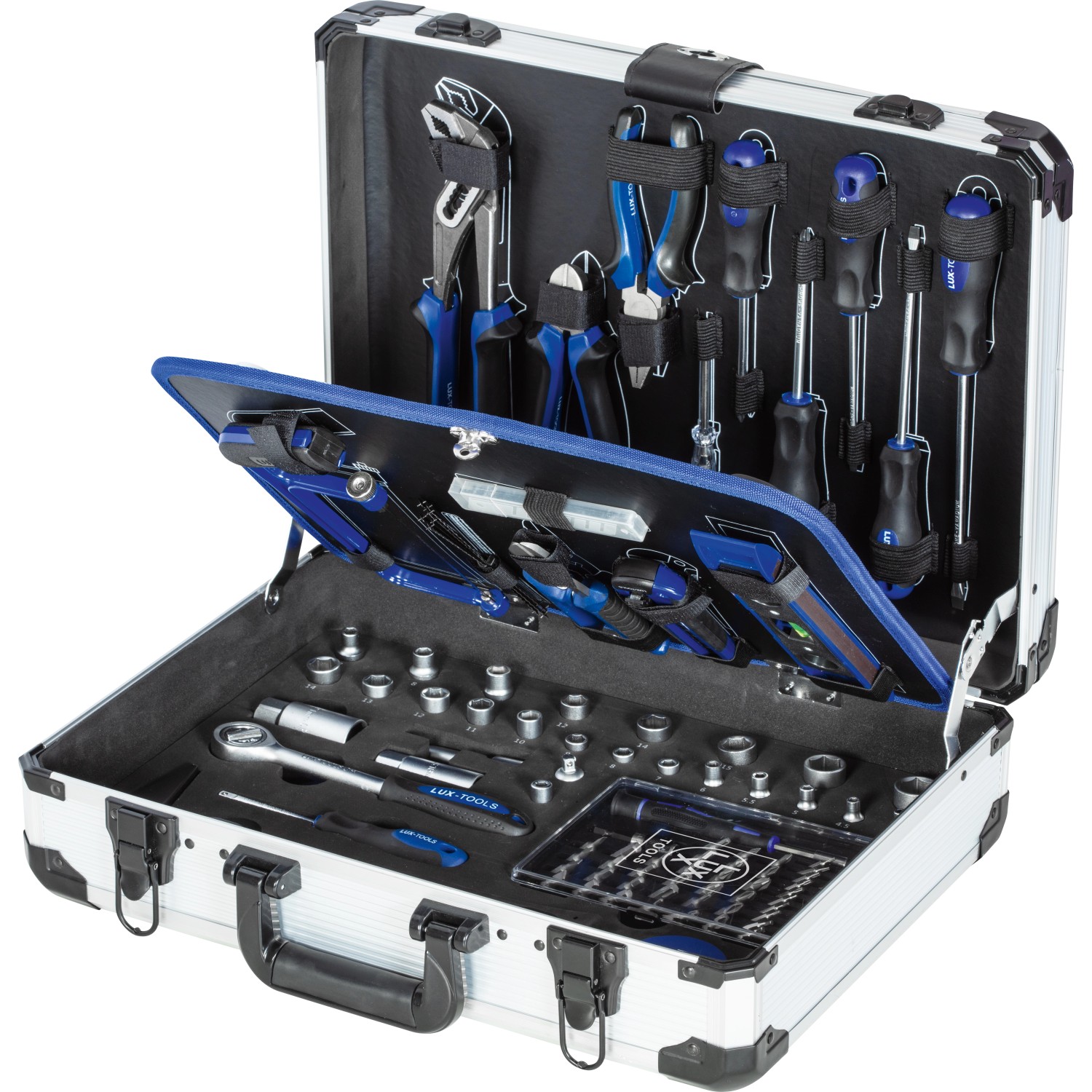 Offener LUX Werkzeugkoffer, 129-teilig, aus Aluminium mit diversen Werkzeugen.