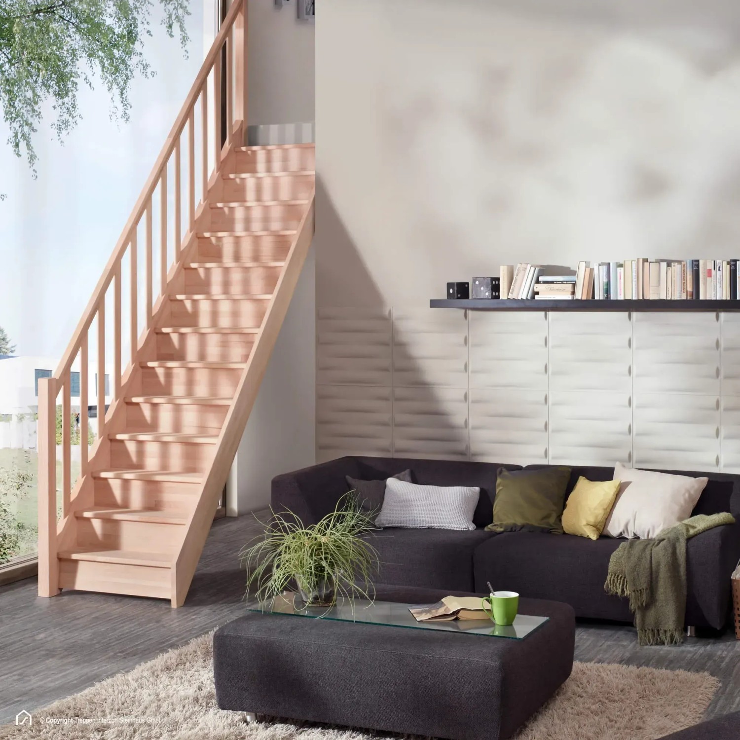 Treppen Intercon Holztreppe Casablanca Raumspartreppe Buche Massiv Naturbelassen Gerade Mit 60 cm Treppenbreite Einseitiges Geländer Mit Setzstufen_2