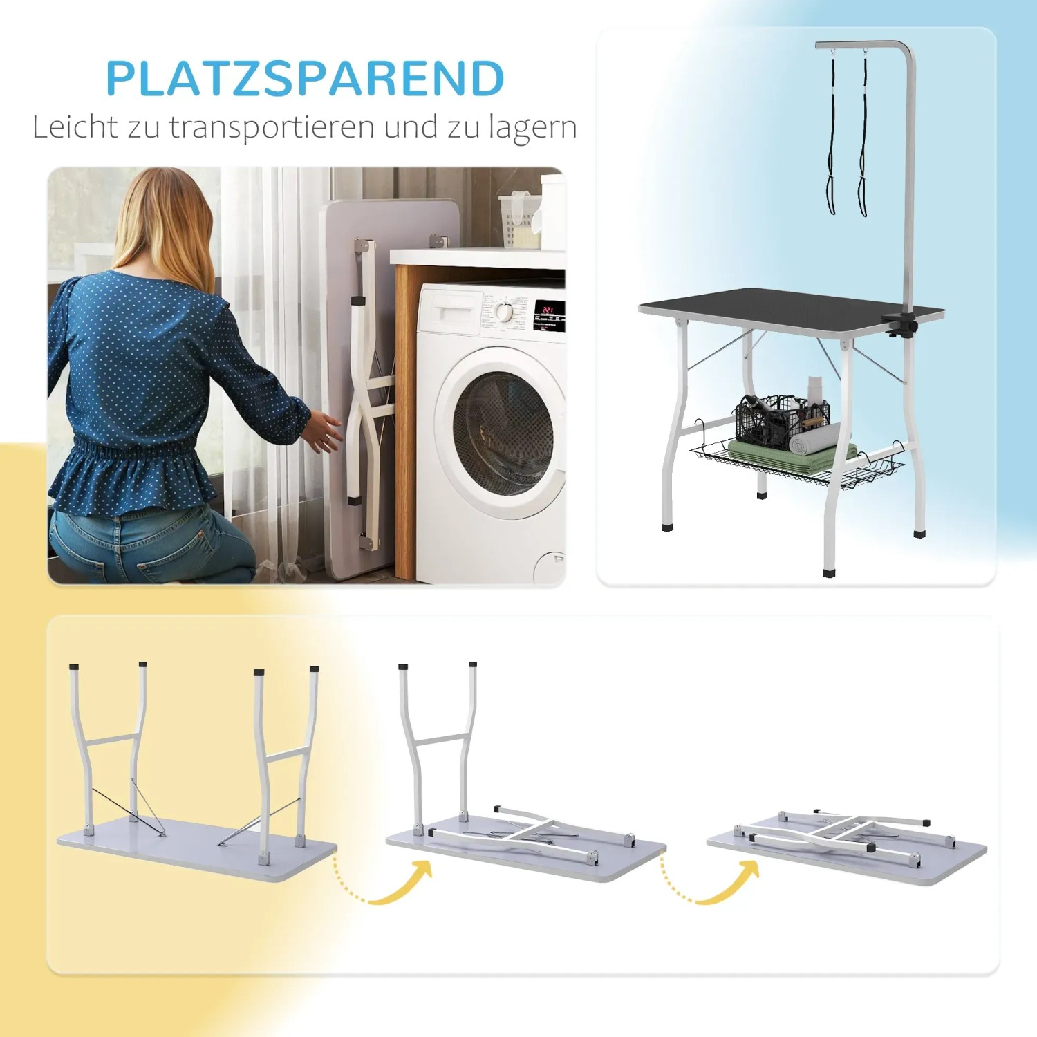 PawHut Tierpflegetisch, schwarz, mit Ablage und verstellbarem Arm, zusammenklappbar für platzsparende Lagerung.