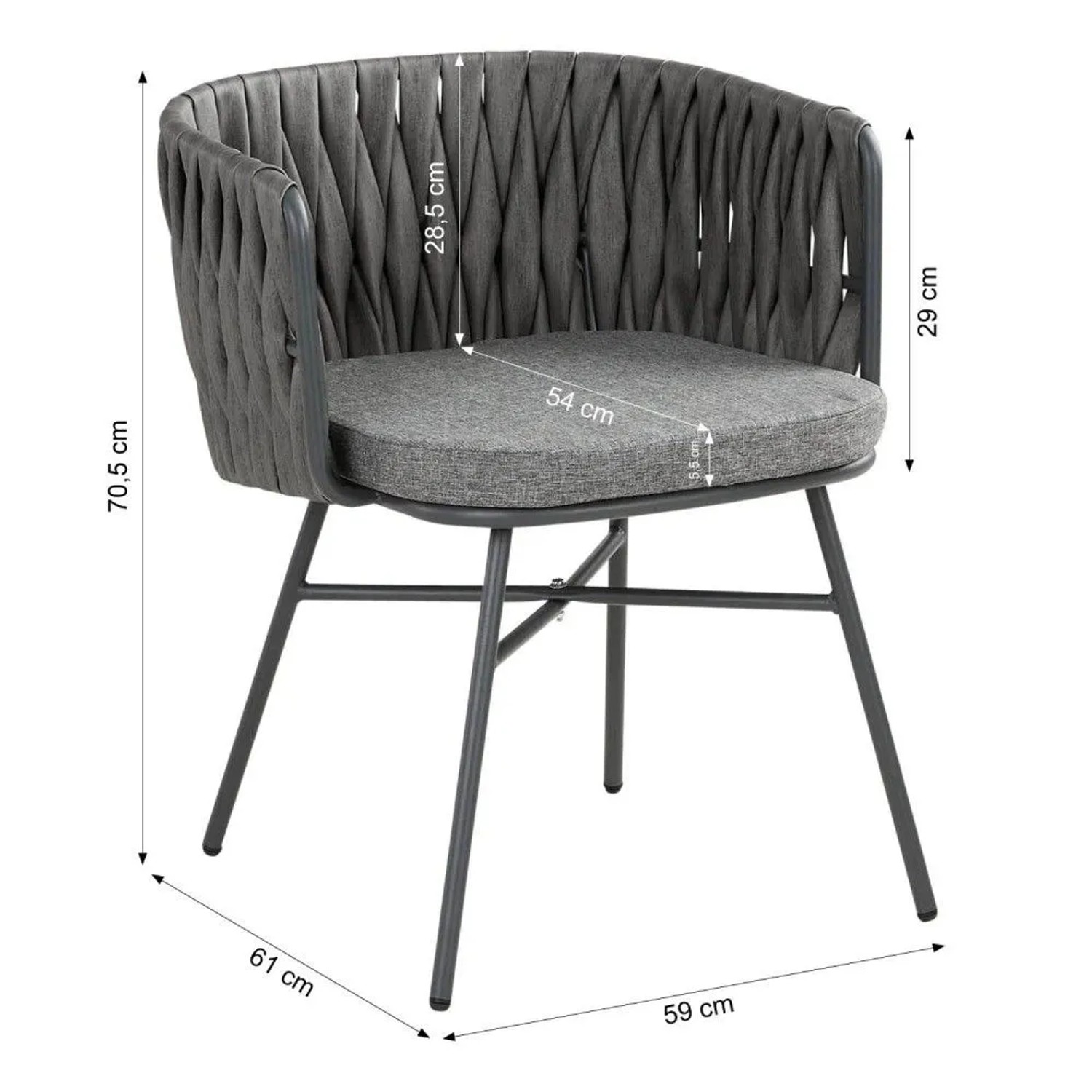 Grauer Gartenstuhl aus Metall mit geflochtener Rattanoptik und weichem Sitzkissen. Teil eines Gartenmöbel-Sets.