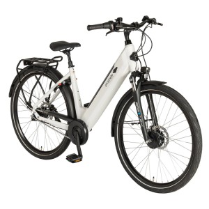 Weißes Prophete City E-Bike Geniesser 2.0 Damen mit Wave-Rahmen, Vorderradmotor, Scheibenbremsen und Gepäckträger.