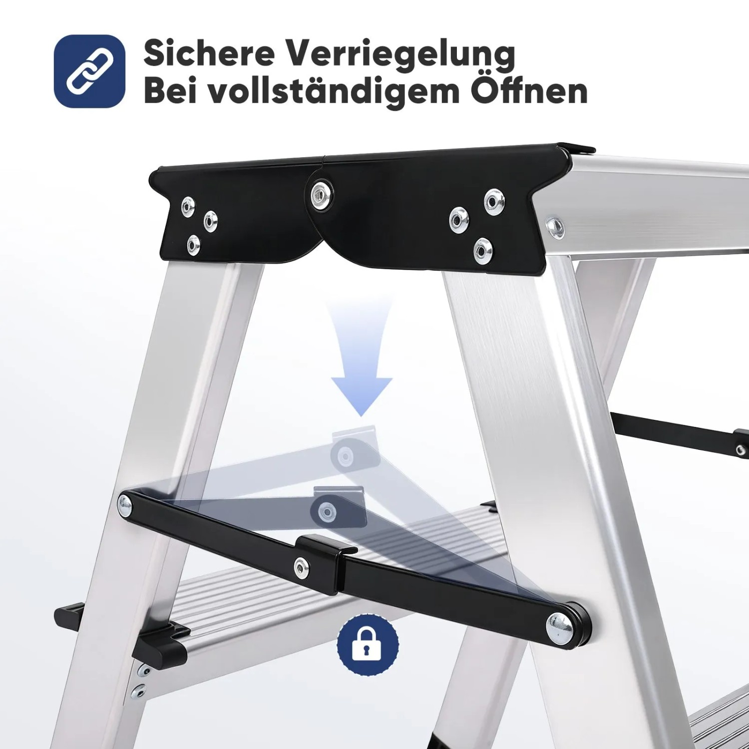 Sekey Alu Trittleiter, 2 Stufen: Detail der sicheren Verriegelung des Klappmechanismus für stabilen Stand.