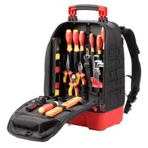 Offener Wiha Werkzeugrucksack Electric, schwarz-rot, mit Schraubendrehern, Zangen, Inbusschlüsseln. 27-teiliges Elektriker-Set.