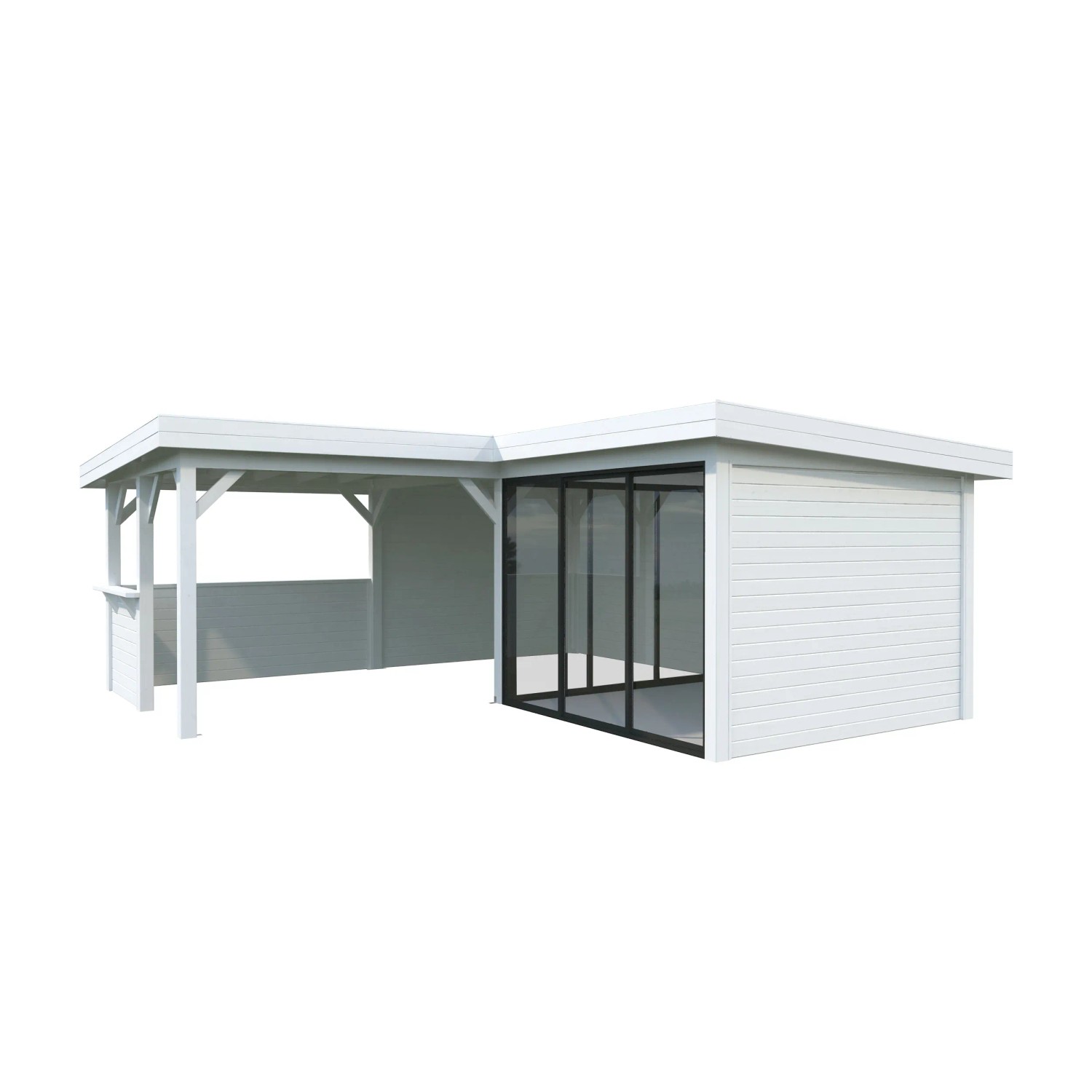 Palmako Pavillon Lenna Set 409, 588x588 cm, weiß lackiert, mit Schiebetüren und Tresen.