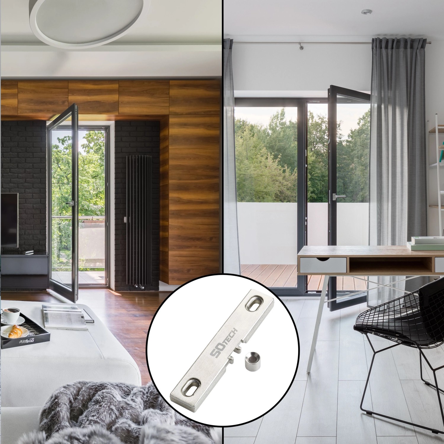 SOTECH Universalschnäpper für Balkontüren und Fenster, Detailaufnahme des Schnäppers, Montagebeispiele.