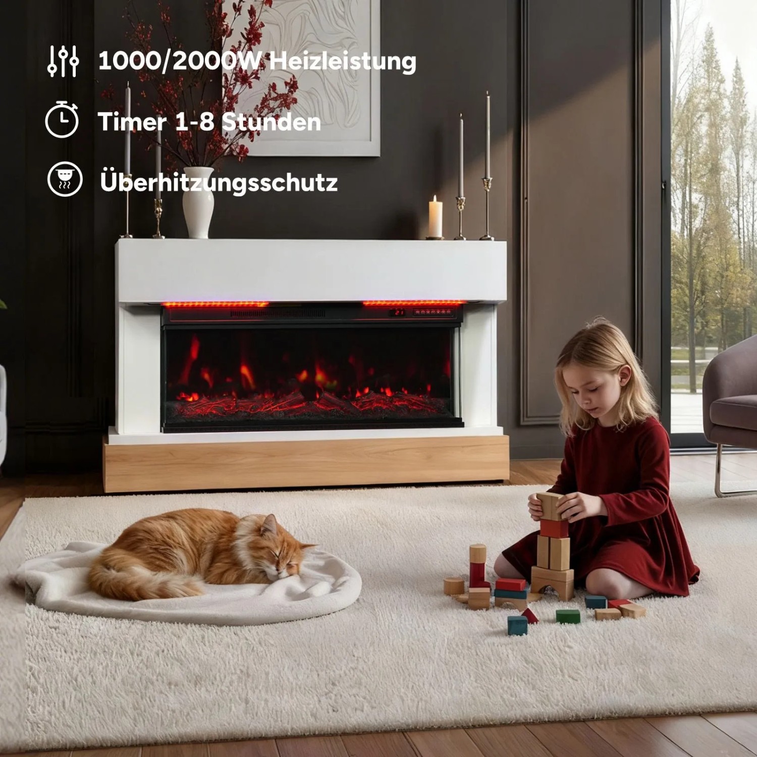 HOMAVO Elektrokamin mit Schrank (36 Zoll, 1000/2000W) im Wohnzimmer mit Kind und Katze.