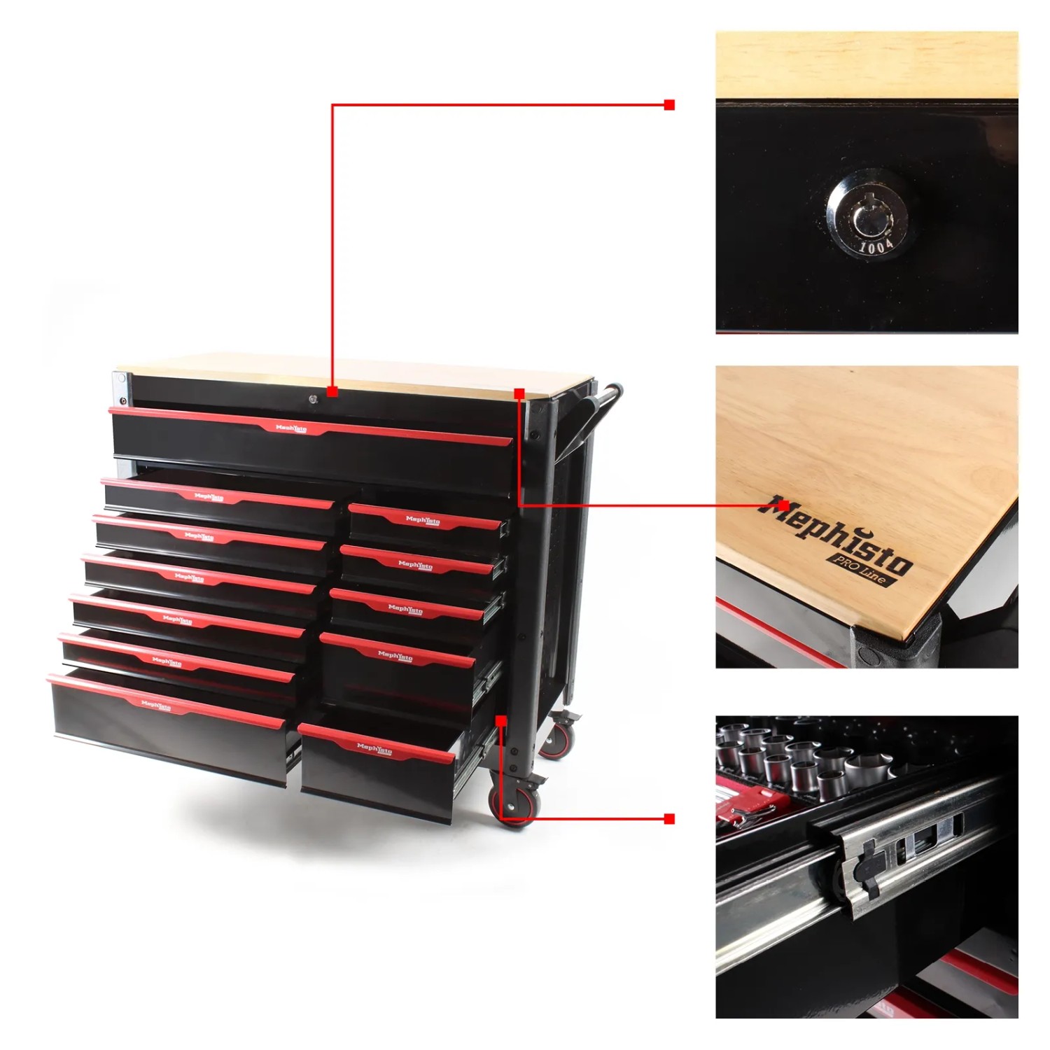 Mephisto Pro-Line Werkzeugwagen mit 12 Schubfächern, schwarz/rot, ohne Werkzeug.