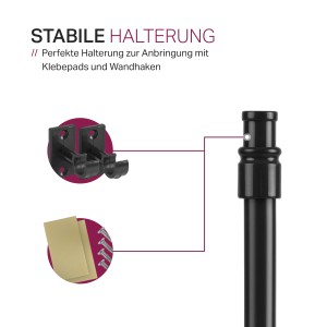Detailaufnahme: Schwarze Cafehausstange mit Halterung, Klebepads und Schrauben.