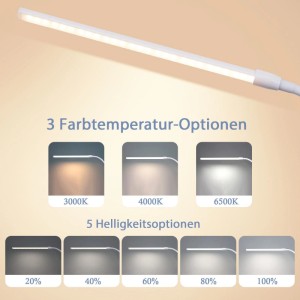 NETTLIFE LED Klemmlampe: Weiße Schreibtischlampe zeigt 3 Farbtemperaturen (Tageslichtweiß) & 5 Helligkeitsstufen. Dimmbar, flexibel.