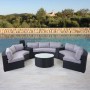 Anthrazitfarbene Poly-Rattan Lounge-Garnitur Savoie mit grauen Kissen und rundem Tisch.
