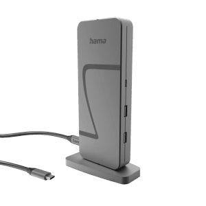 Hama USB4 Dockingstation Connect2Office Speed mit USB-C Kabel und 10 Ports auf einem Standfuß.
