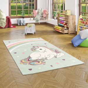 Mintgrüner Kinderteppich mit Einhorn und Regenbogen, 120x170 cm.