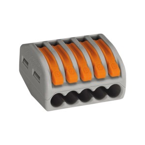 WAGO 222 5-polige Verbindungsklemme mit orangefarbenen Hebeln, grauem Kunststoffgehäuse für Elektroinstallation.