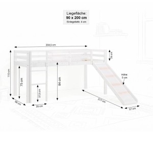 Weißes Homestyle4u Hochbett 90x200 mit Rutsche, Leiter und Sicherheitsumrandung. Technische Zeichnung mit Maßen.