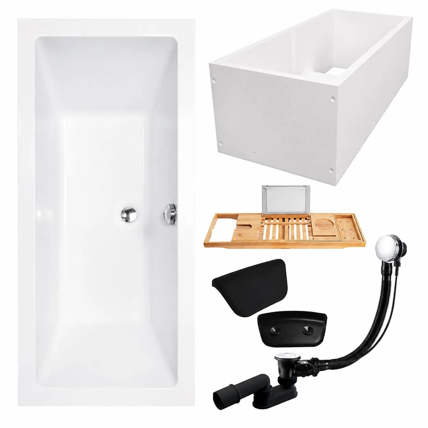 KOLMAN Badewanne Rechteck 180 x 80 Cm Mit Wannenträger Mit Bambus Badewannenablage Mit Kopfstütze KODI Inkl. Ablauf Und Füße