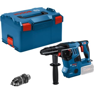 Bosch Professional Akku-Bohrhammer GBH 18 V-28 CF mit L-Boxx, Zusatzhandgriff und Wechselfutter.