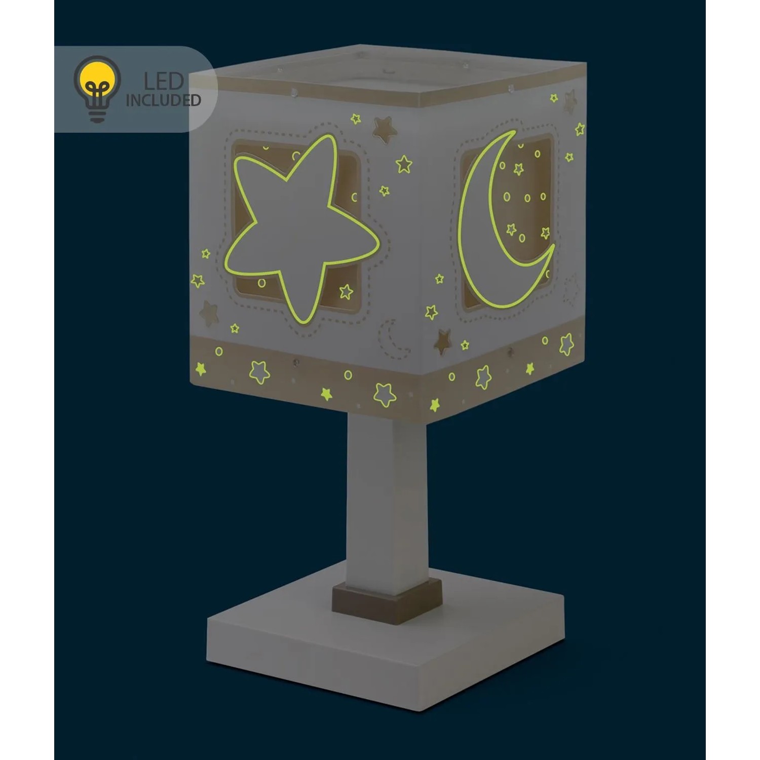 Beige Dalber Nachttischlampe mit LED Nachtlicht, Luna und Sterne Design für Kinderzimmer.