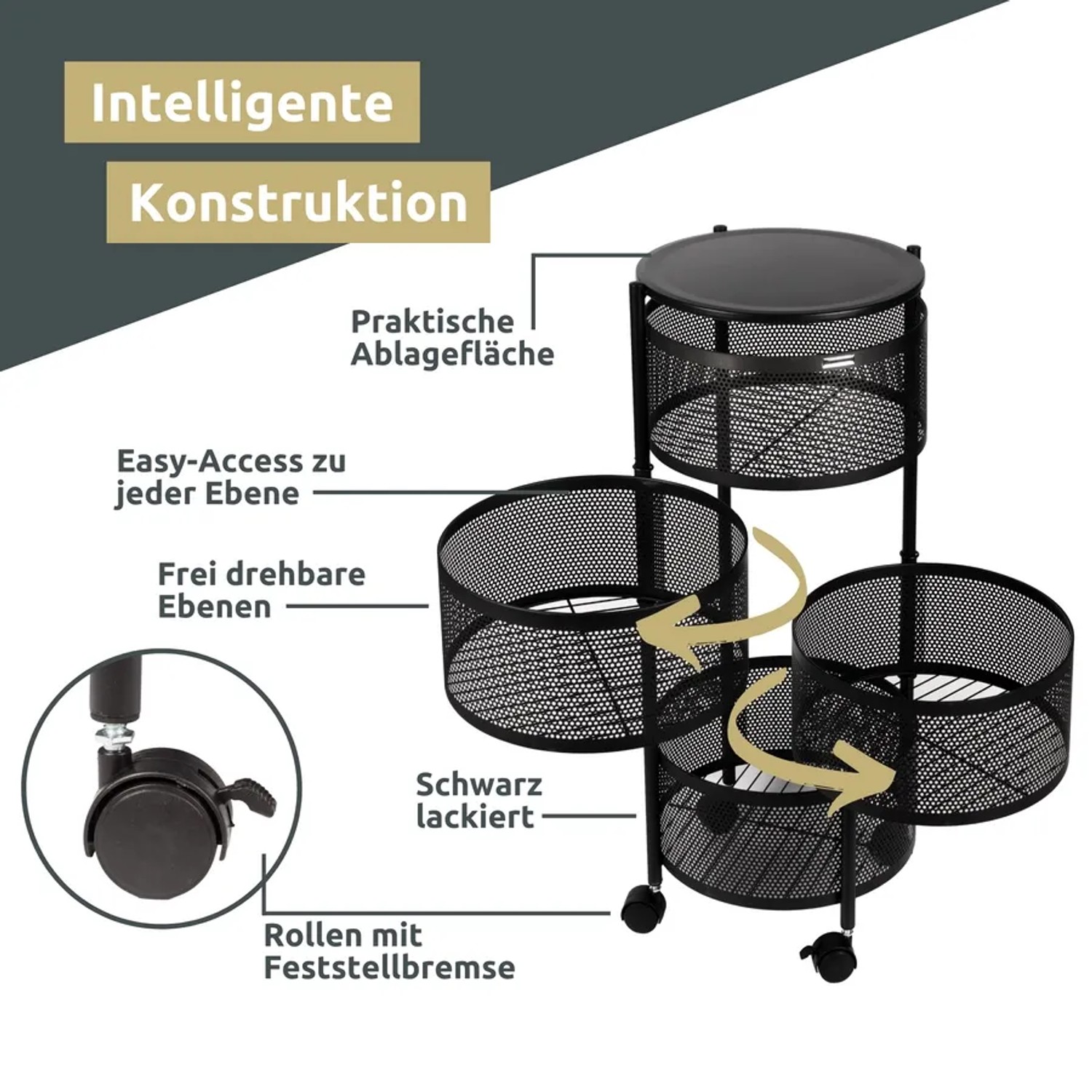 deluxe4home Rollwagen mit 4 schwenkbaren Ebenen, schwarz, für Bad und Küche.