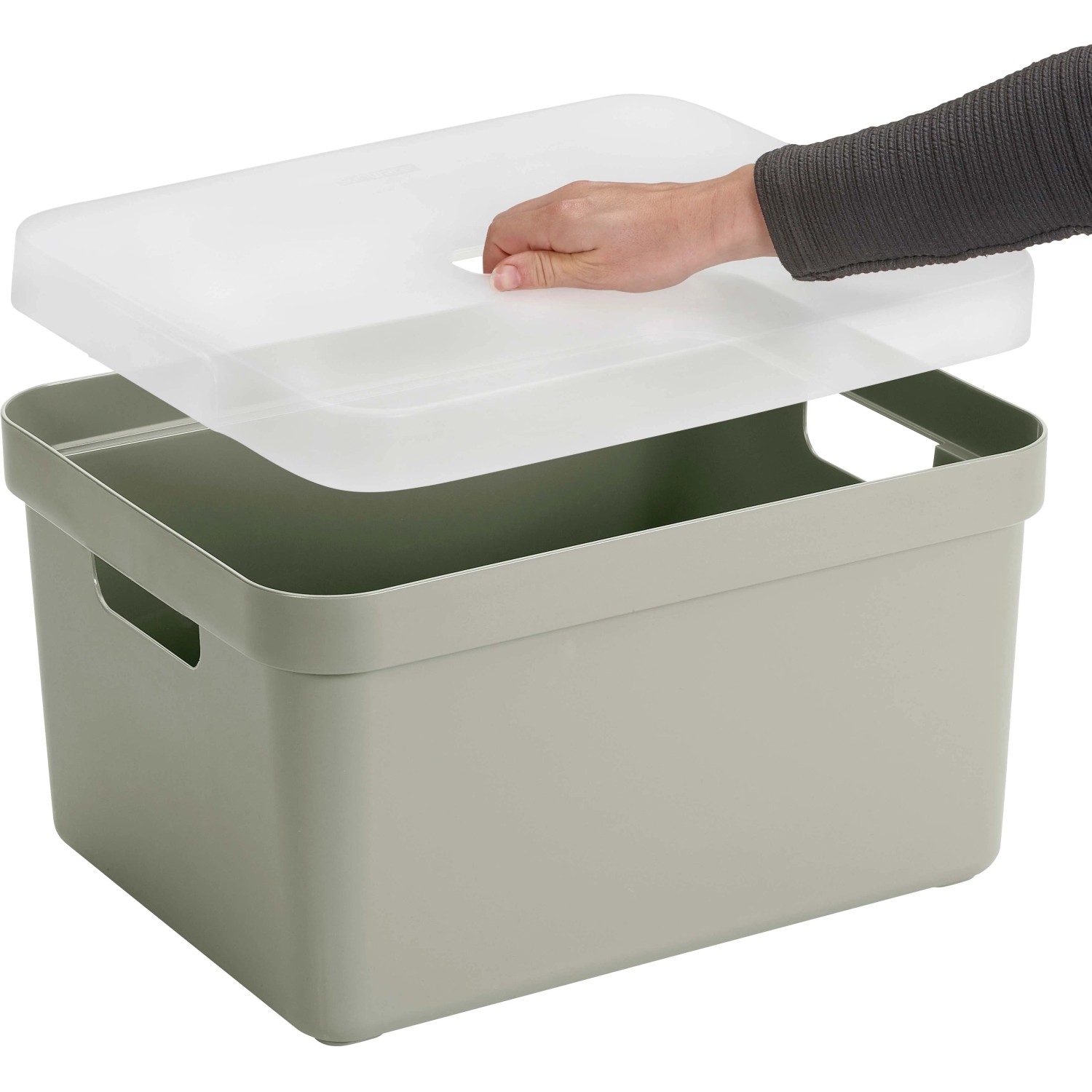 Hellgrüne Sunware Aufbewahrungsbox Sigma Home 32 l mit transparentem Deckel.