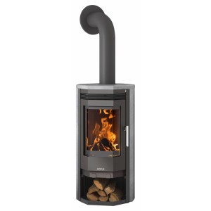 Justus Kaminofen Usedom 5, gussgrau mit Speckstein, 5 kW, Holzfach und brennendem Feuer.