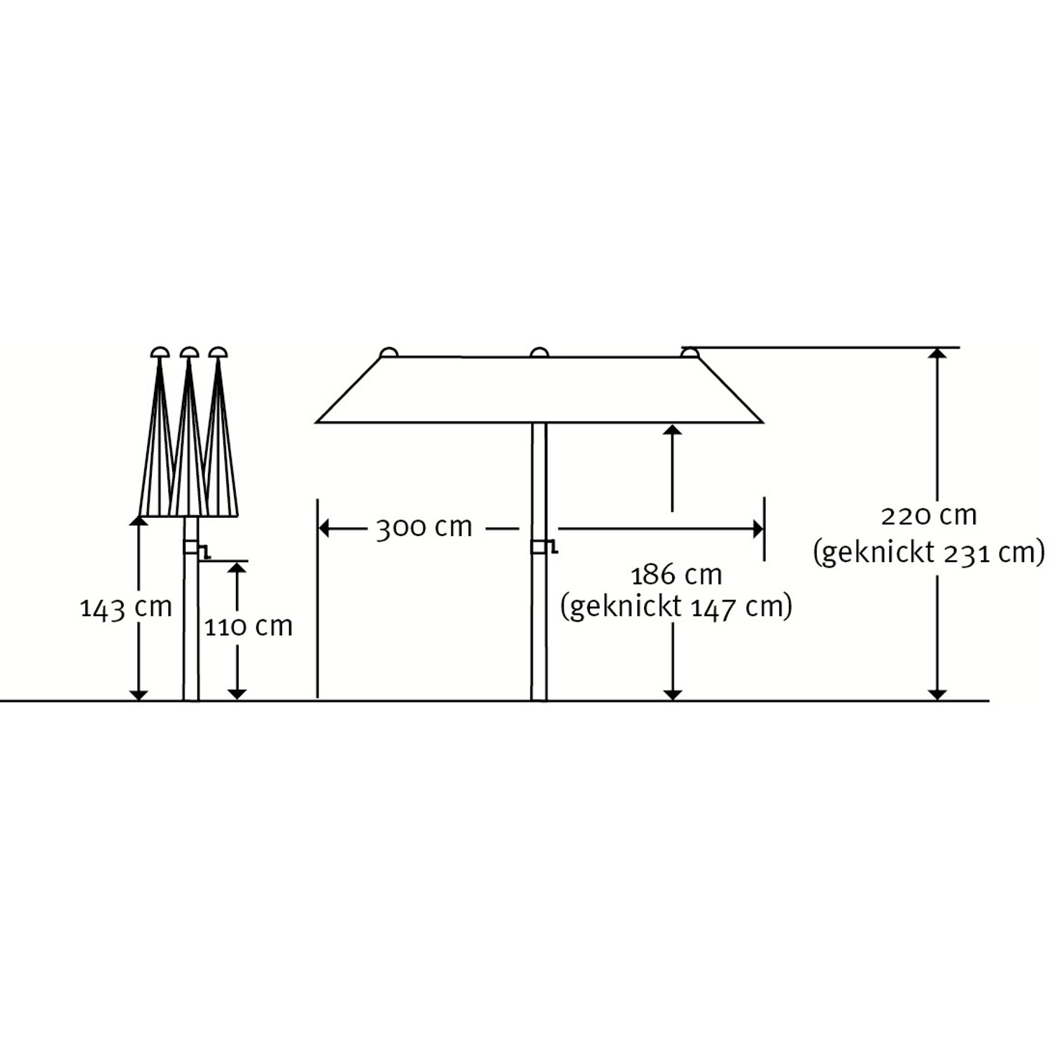 Maße des Schneider Marktschirms 300x150 cm Natur mit Knickfunktion: Höhe 220cm, Breite 300cm.