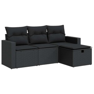 Schwarze 4-tlg. vidaXL Garten-Sofagarnitur aus Polyrattan mit Kissen.