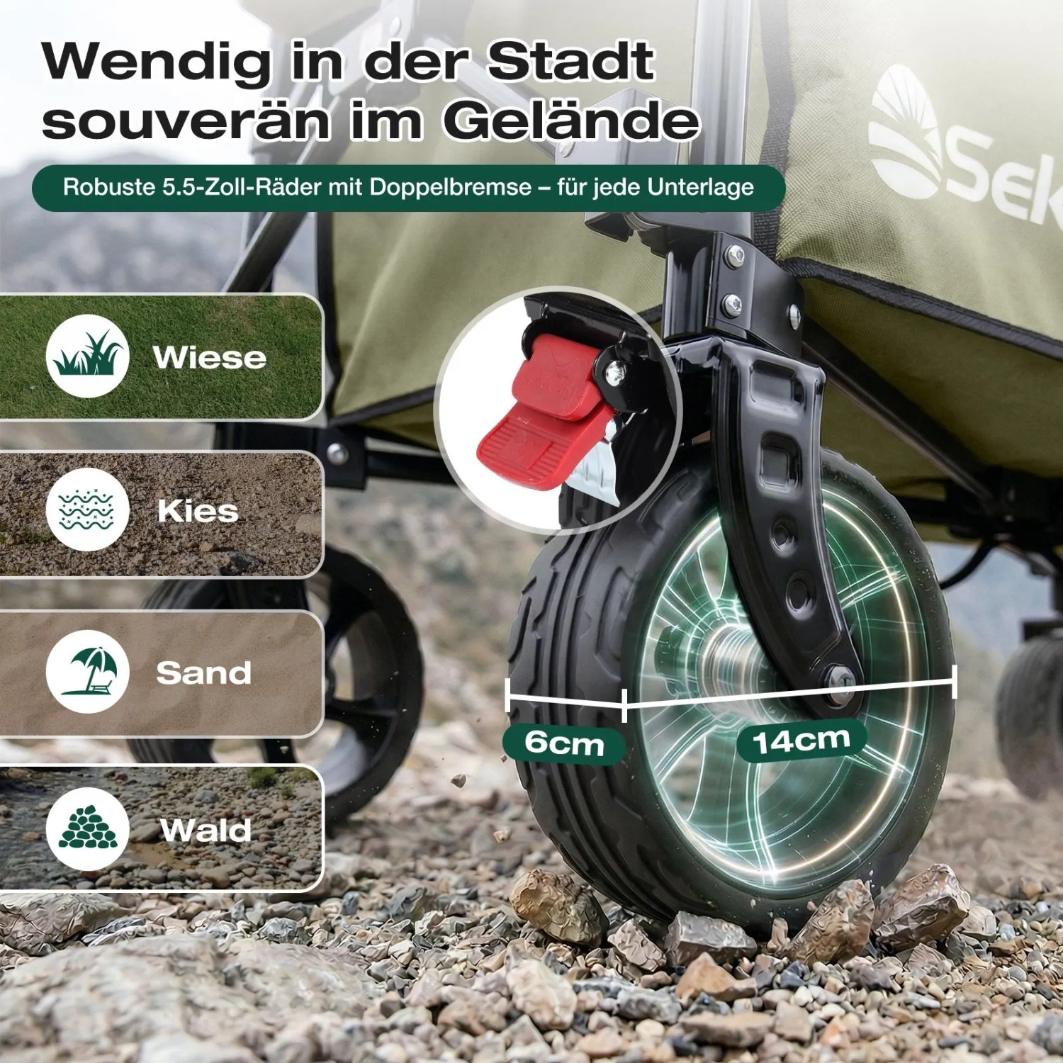 Detailaufnahme: Rad mit Bremse des olivgrünen Sekey Bollerwagens. Ideal für Camping & Gelände.