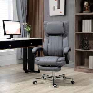 Grauer Vinsetto Bürostuhl, höhenverstellbar, mit Massagefunktion, Kopfstütze, Fußstütze, Leinenoptik.