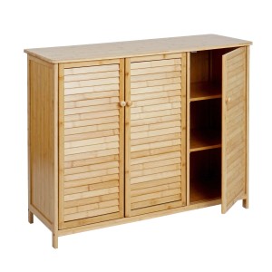 Badezimmerschrank B18 aus Bambus mit 3 Türen, 81x97x34cm. Bad-Einbauschrank mit viel Stauraum.