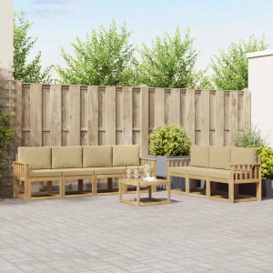 vidaXL Outdoor-Sofagarnitur 7-tlg aus Akazienholz mit beigen Kissen auf gepflasterter Terrasse. Modulare Gartenmöbel.