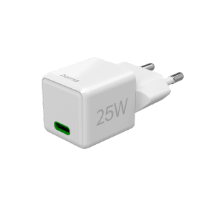 Weißes Hama USB-C Schnellladegerät Super-Mini-Charger PD 25W für Hausautomation.