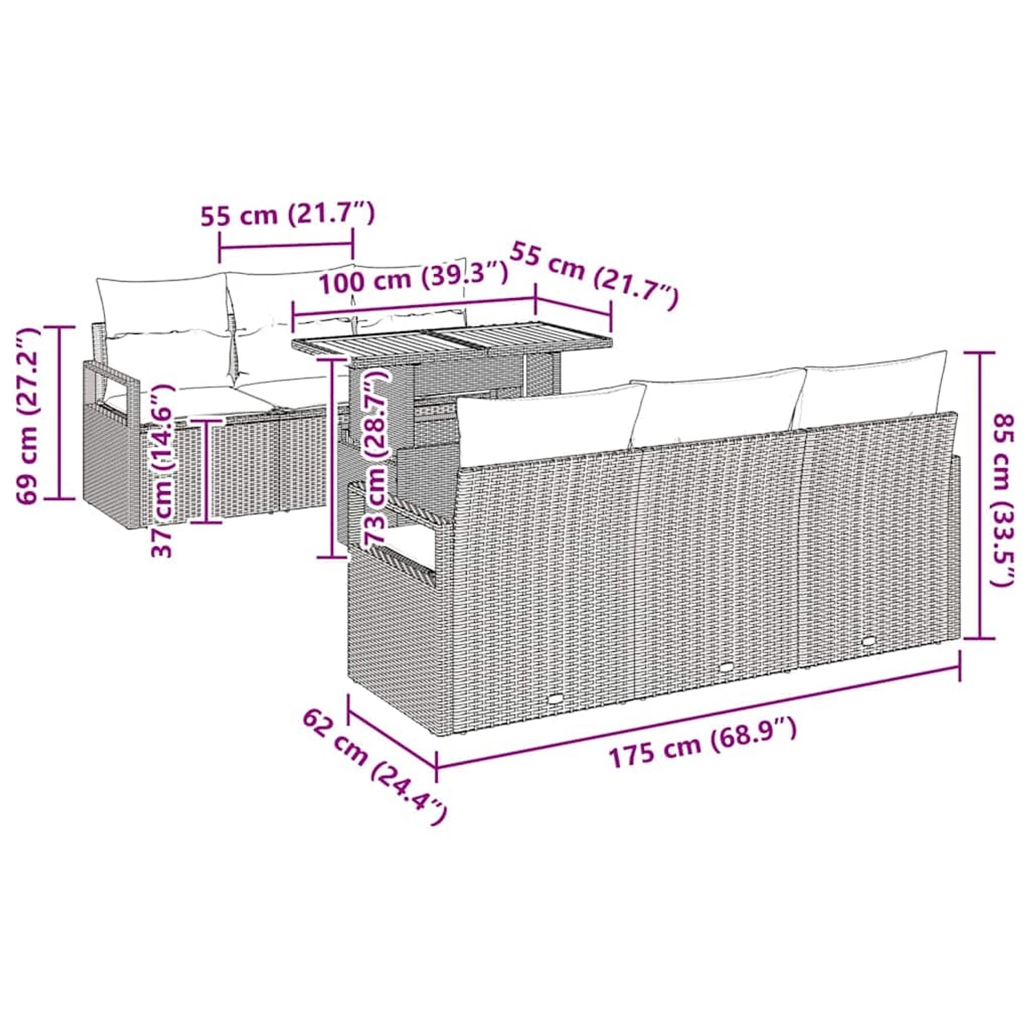 vidaXL Garten-Sofa-Set 7-tlg, schwarz, Poly Rattan, mit Maßen. Ideal für Terrasse und Garten.