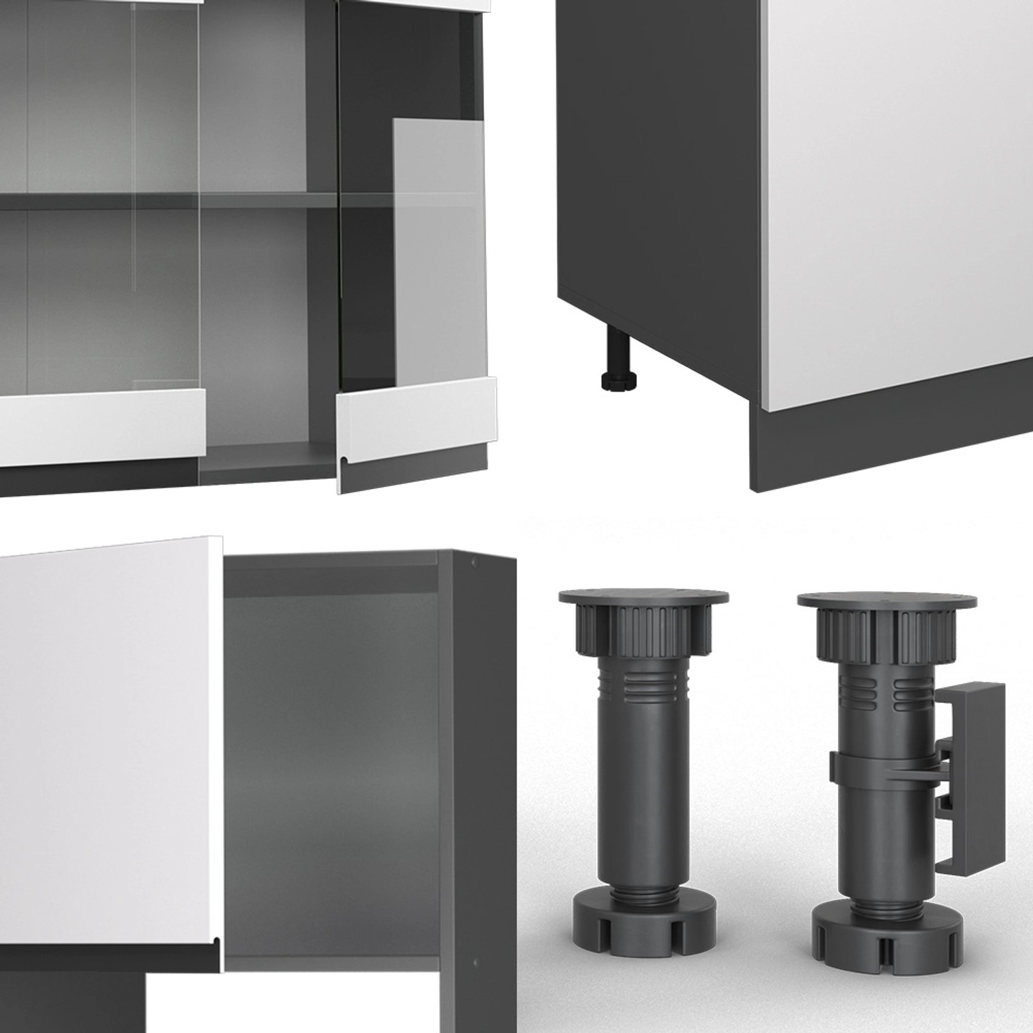 Vicco R-Line Küchenzeile 300cm, weiß/anthrazit mit Marmor Arbeitsplatte und Details der Füße.