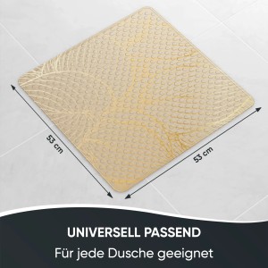 Beige SANILO Badematte Hosta, 53x53 cm, mit goldenem Blattmuster und Saugnäpfen. Rutschfeste Duscheinlage.