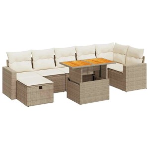 Beige 5-tlg. Garten-Sofagarnitur aus Rattan mit Tisch und cremefarbenen Kissen.