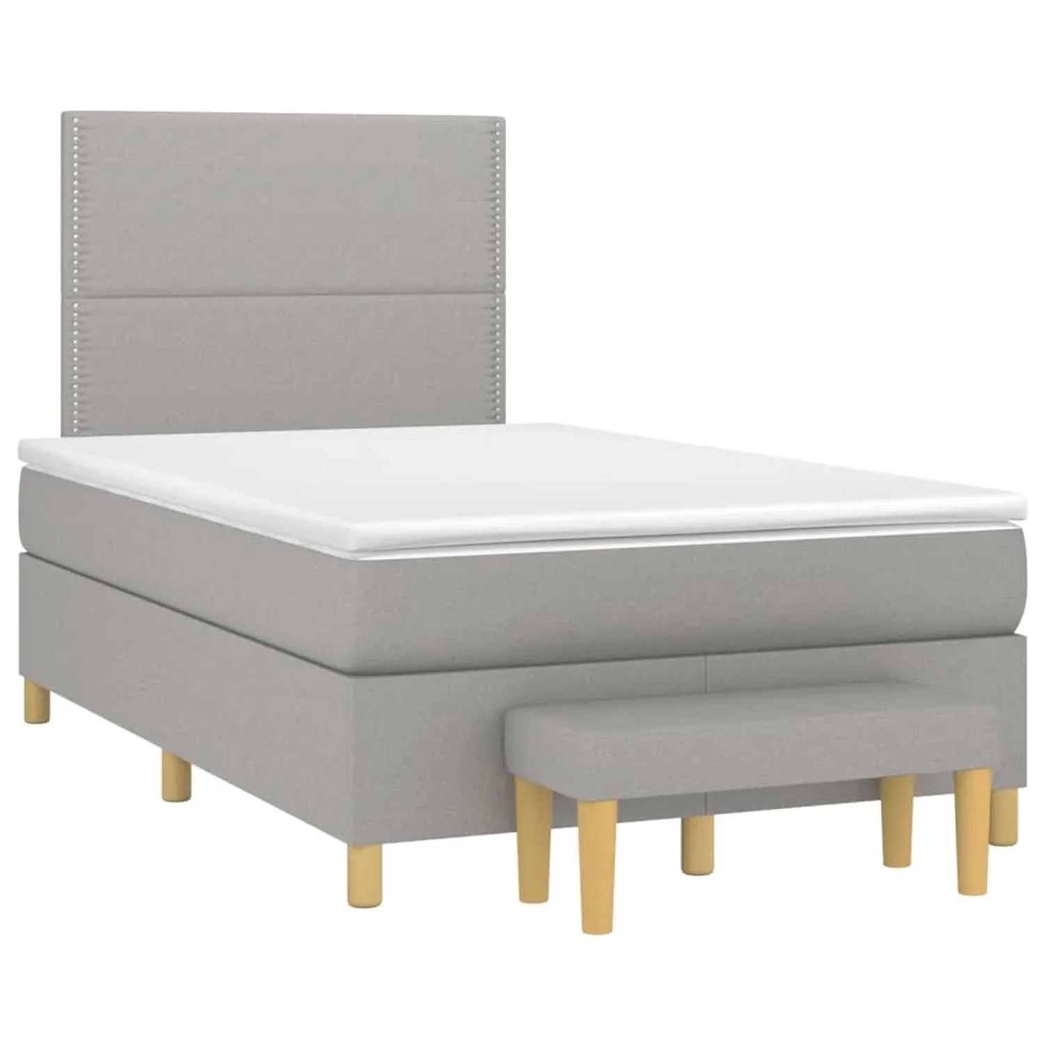 Hellgraues Boxspringbett 120x200 cm mit Matratze und Bank, Stoffbezug.